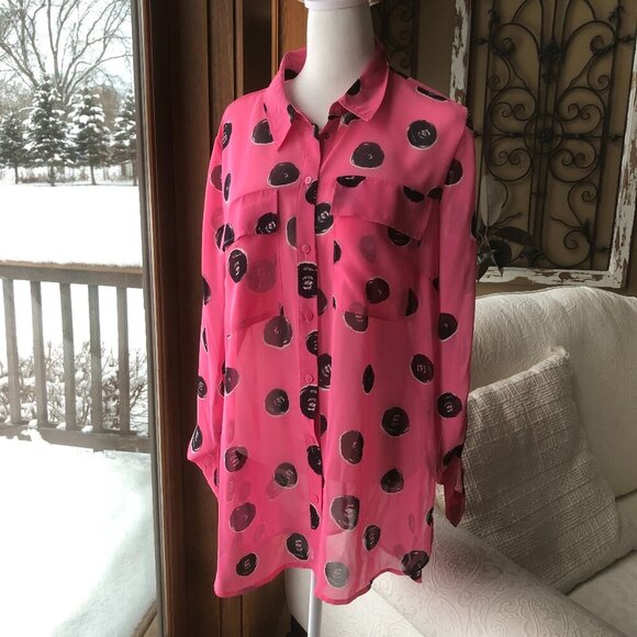 I Heart Ronson Tops - I Heart Ronson Size L long Sleeve Sheer Blouse Black and Pink